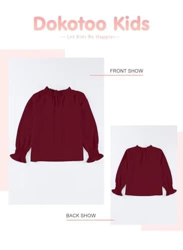 DOKOTOO KIDS Girls Chiffon Tops Casual Puff Long Sleeve Drawstring V Neck Blouse Shirts Red 10-11 Years | Lightweight & Stylish thumbnail 8