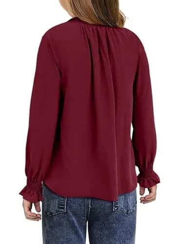 DOKOTOO KIDS Girls Chiffon Tops Casual Puff Long Sleeve Drawstring V Neck Blouse Shirts Red 10-11 Years | Lightweight & Stylish thumbnail 2
