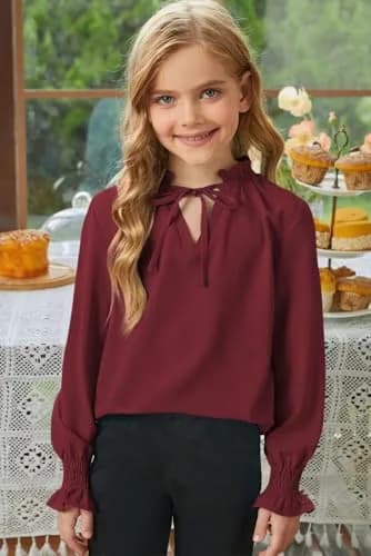 DOKOTOO KIDS Girls Chiffon Tops Casual Puff Long Sleeve Drawstring V Neck Blouse Shirts Red 10-11 Years | Lightweight & Stylish thumbnail 3