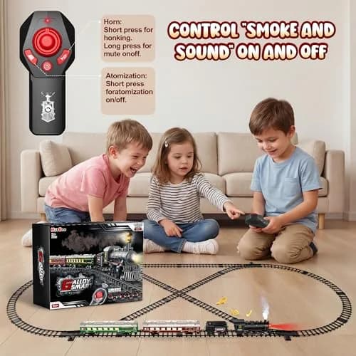 Hot Bee Remote Control Train Set with Smoke, Lights & Sound | Alloy Locomotive & Carriages, 14+ Track Pieces thumbnail 4