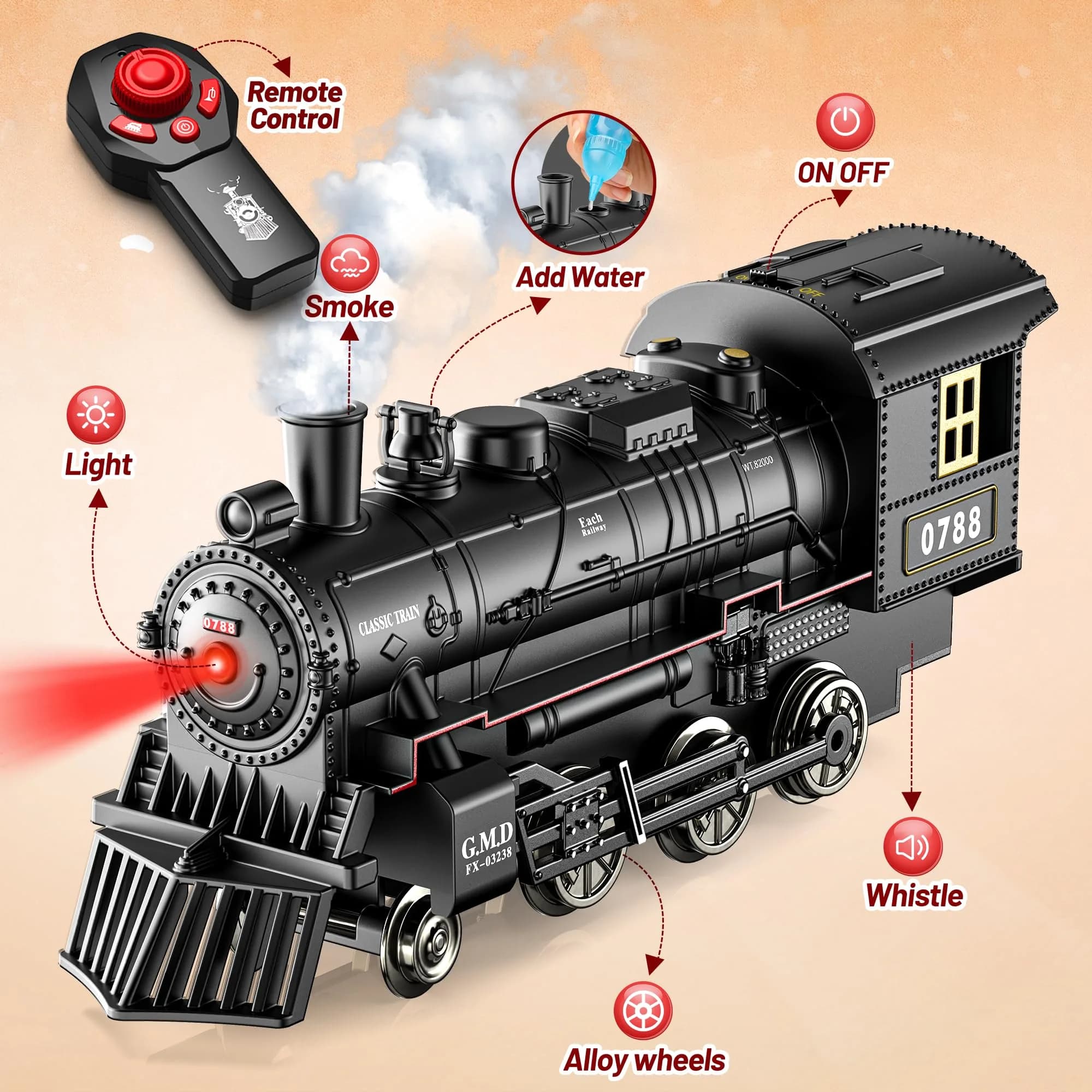 Hot Bee Remote Control Train Set with Smoke, Lights & Sound | Alloy Locomotive & Carriages, 14+ Track Pieces - view 5