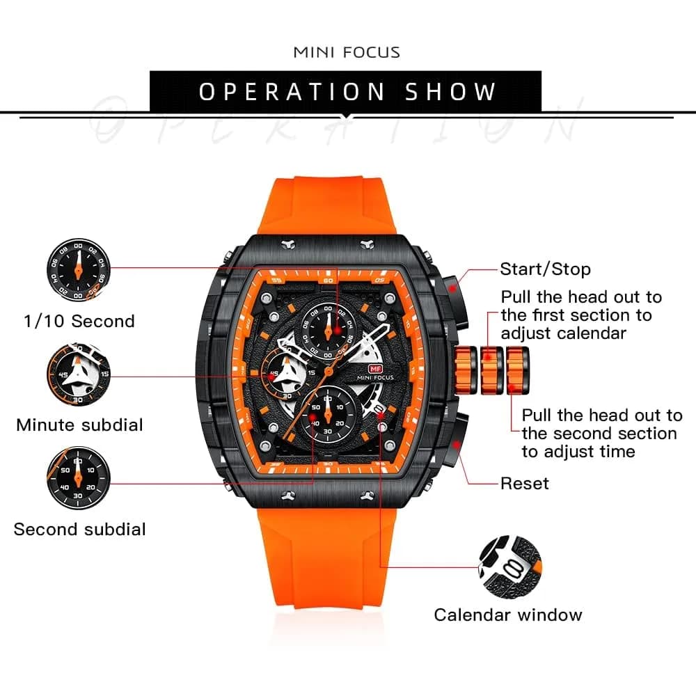 MF MINI FOCUS Men's Tonneau Chronograph Watch 42mm (1.65in) | Luminous Dial, 30M Water Resistant, Silicone Strap - view 6