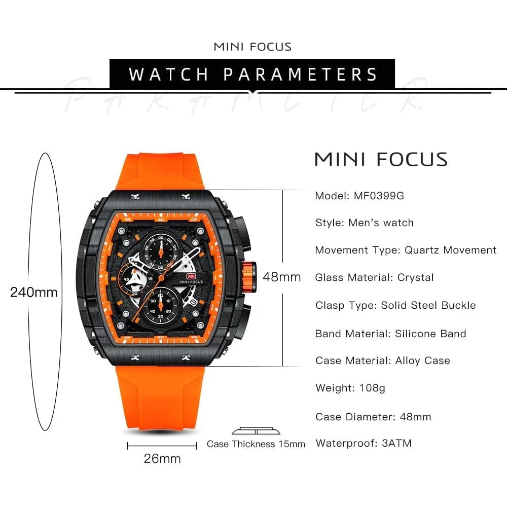 MF MINI FOCUS Men's Tonneau Chronograph Watch 42mm (1.65in) | Luminous Dial, 30M Water Resistant, Silicone Strap - view 7