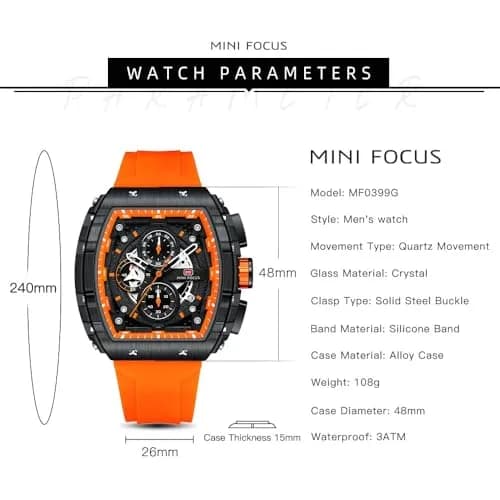 MF MINI FOCUS Men's Tonneau Chronograph Watch 42mm (1.65in) | Luminous Dial, 30M Water Resistant, Silicone Strap thumbnail 7