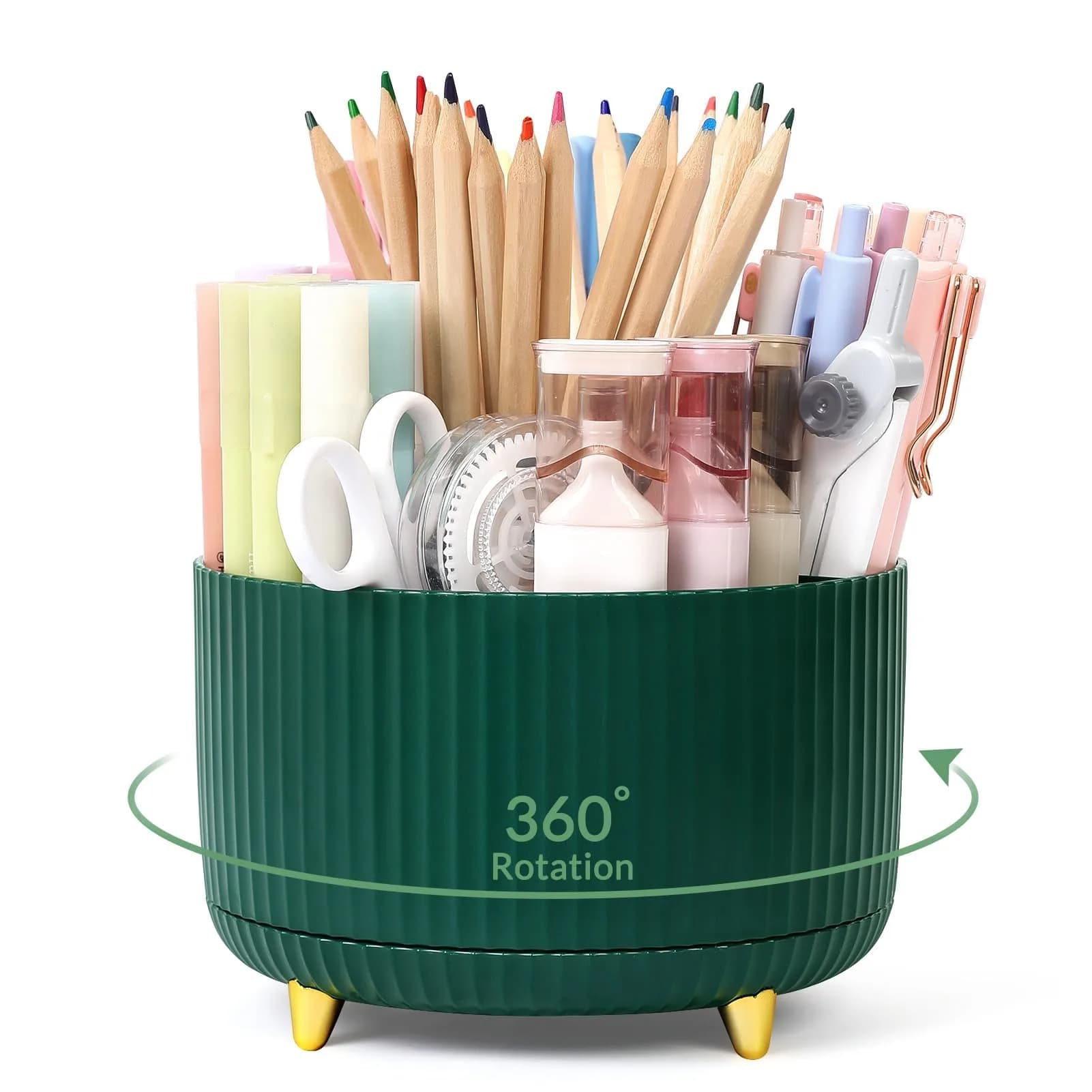 SKYDUE Rotating Pencil Pen Holder with 6 Slots in Dark Green | Desk Organizer for Office, School, Home - main product image