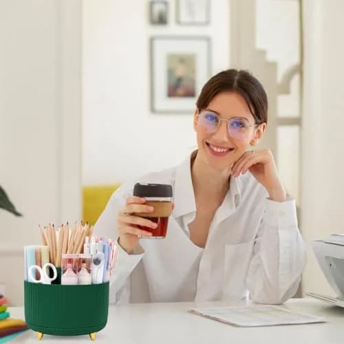 SKYDUE 360 Degree Rotating Desk Organizer with 5 Slots, Dark Green | Dual-Purpose Pencil Pen Holder for Office, School, Home thumbnail 6