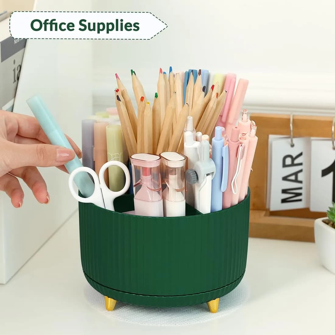 SKYDUE Rotating Pencil Pen Holder with 6 Slots in Dark Green | Desk Organizer for Office, School, Home - view 3