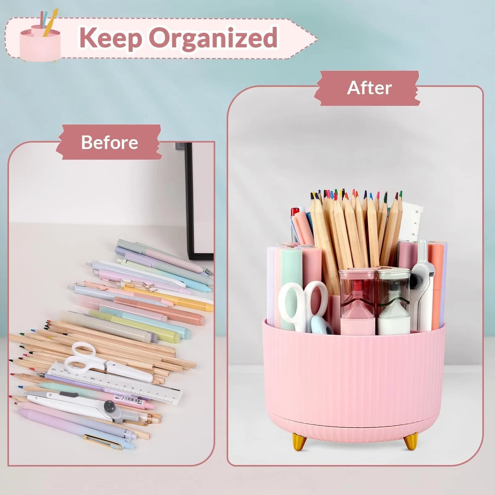 SKYDUE 360 Rotating Pen Holder 14.7cm (5.8 Inches) | Cute Pink Organizer with 5 Slots for Art Supplies, Office, School - view 5