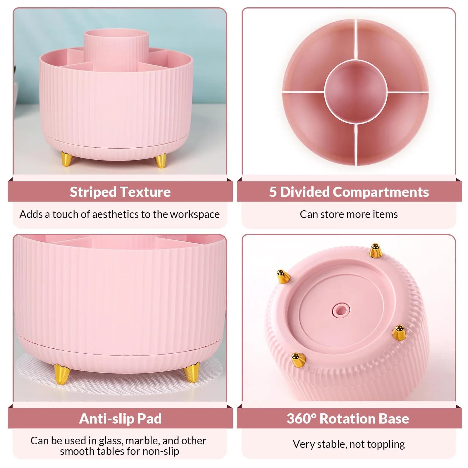 SKYDUE 360 Rotating Pen Holder 14.7cm (5.8 Inches) | Cute Pink Organizer with 5 Slots for Art Supplies, Office, School - view 6