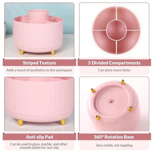 SKYDUE 360 Rotating Pen Holder 14.7cm (5.8 Inches) | Cute Pink Organizer with 5 Slots for Art Supplies, Office, School thumbnail 6