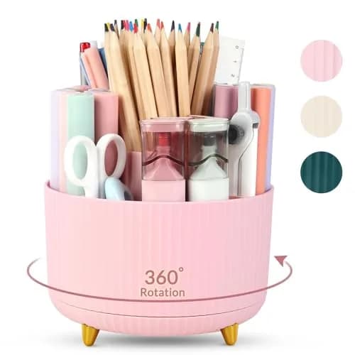 SKYDUE 360 Rotating Pen Holder 14.7cm (5.8 Inches) | Cute Pink Organizer with 5 Slots for Art Supplies, Office, School thumbnail 1