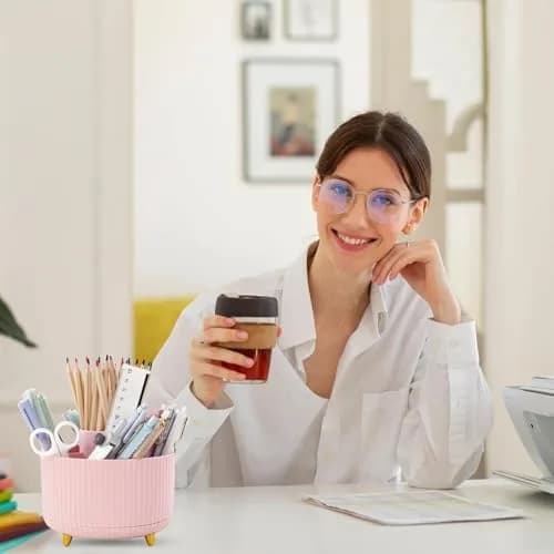 SKYDUE 360 Rotating Pen Holder 14.7cm (5.8 Inches) | Cute Pink Organizer with 5 Slots for Art Supplies, Office, School thumbnail 7