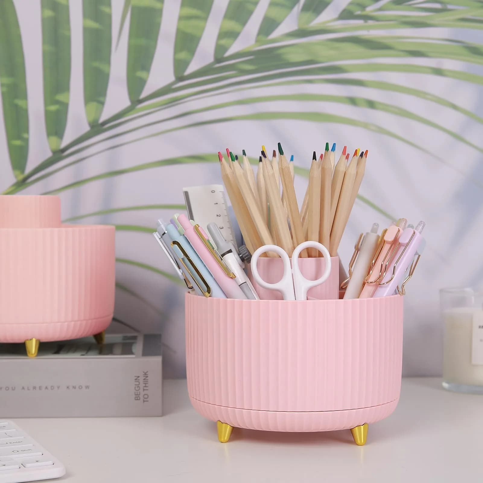 SKYDUE 360 Rotating Pen Holder 14.7cm (5.8 Inches) | Cute Pink Organizer with 5 Slots for Art Supplies, Office, School - view 2