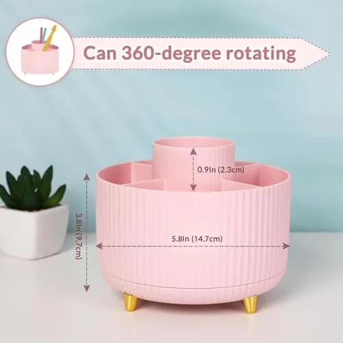 SKYDUE 360 Rotating Pen Holder 14.7cm (5.8 Inches) | Cute Pink Organizer with 5 Slots for Art Supplies, Office, School thumbnail 3