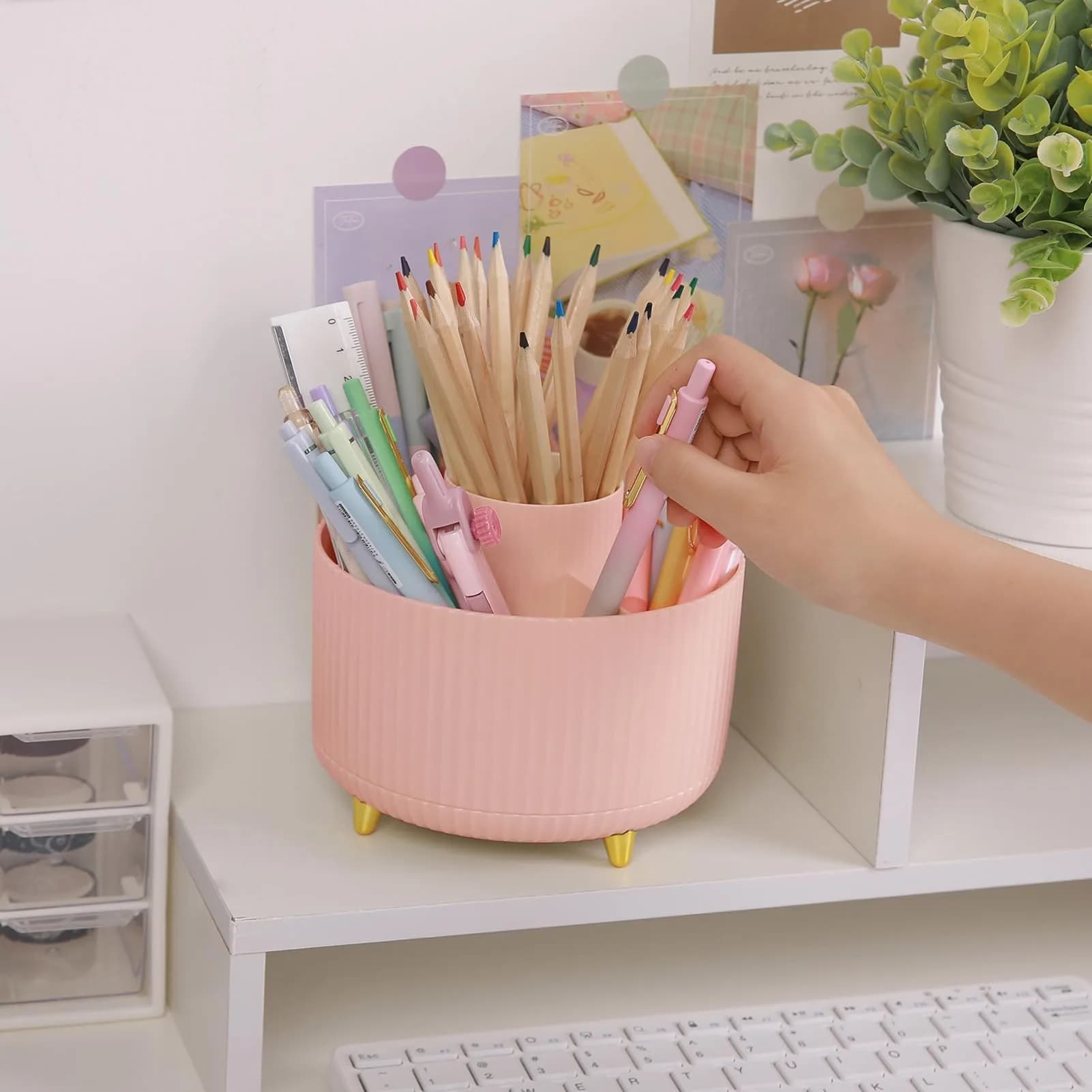 SKYDUE 360 Rotating Pen Holder 14.7cm (5.8 Inches) | Cute Pink Organizer with 5 Slots for Art Supplies, Office, School - view 4