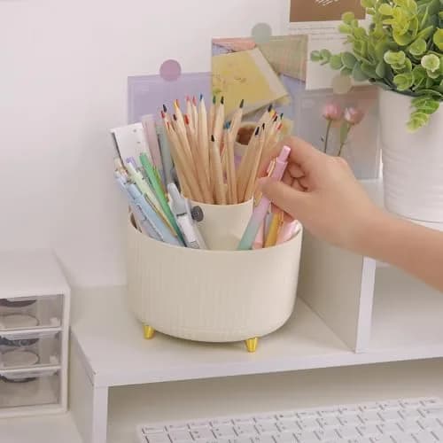 SKYDUE Rotating Desk Pen Organizer with 5 Slots, Beige 1 Pack 290g (10.2 oz) | Dual-Purpose Art Supply Pencil Cup for Office, School, Home thumbnail 4