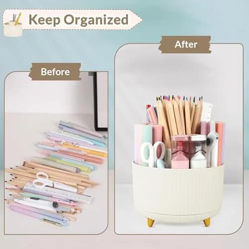 SKYDUE Rotating Desk Pen Organizer with 5 Slots, Beige 1 Pack 290g (10.2 oz) | Dual-Purpose Art Supply Pencil Cup for Office, School, Home thumbnail 5