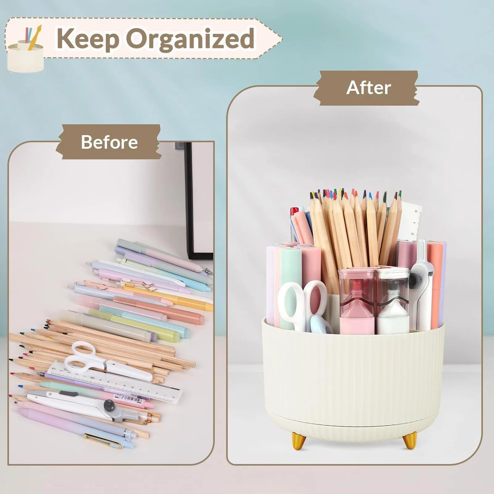 SKYDUE Rotating Desk Pen Organizer with 5 Slots, Beige 1 Pack 290g (10.2 oz) | Dual-Purpose Art Supply Pencil Cup for Office, School, Home - view 5