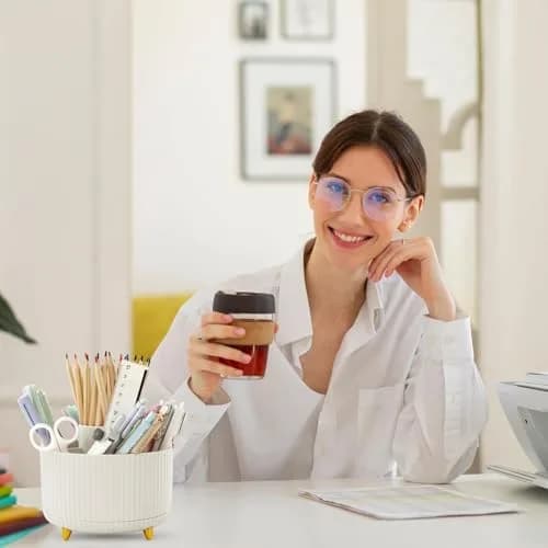 SKYDUE Rotating Desk Pen Organizer with 5 Slots, Beige 1 Pack 290g (10.2 oz) | Dual-Purpose Art Supply Pencil Cup for Office, School, Home thumbnail 7