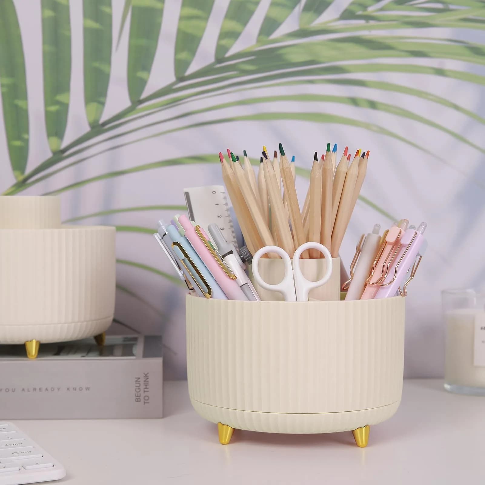 SKYDUE Rotating Desk Pen Organizer with 5 Slots, Beige 1 Pack 290g (10.2 oz) | Dual-Purpose Art Supply Pencil Cup for Office, School, Home - view 2