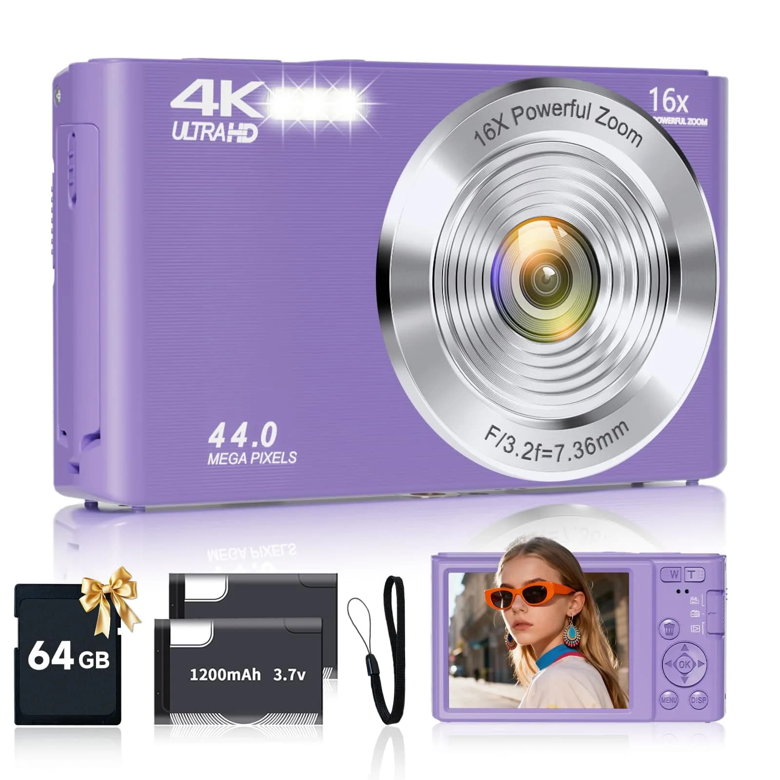 SMARTKLIK Digital Camera FHD 4K 44MP Purple with 64GB SD Card | 16X Digital Zoom - main product image