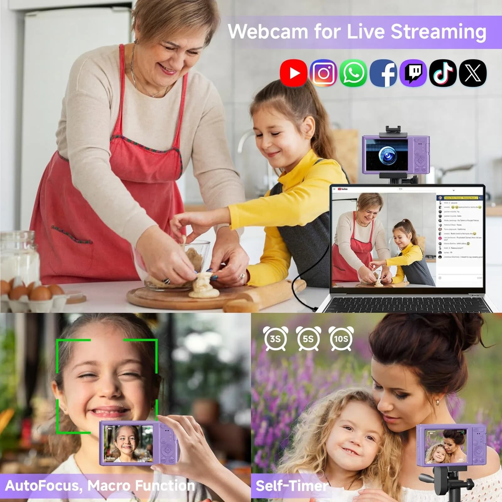 SMARTKLIK Digital Camera FHD 4K 44MP Purple with 64GB SD Card | 16X Digital Zoom - view 5