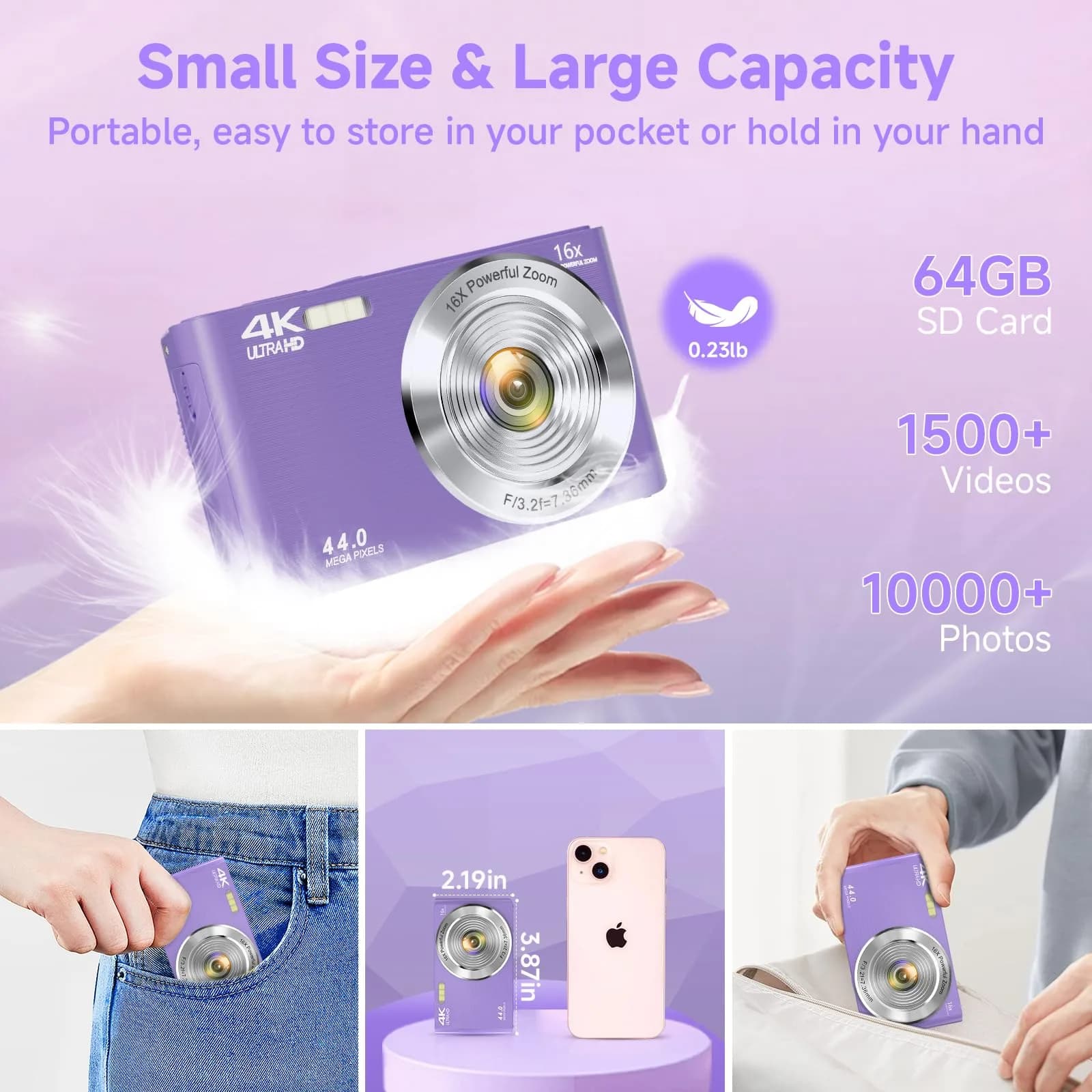 SMARTKLIK Digital Camera FHD 4K 44MP Purple with 64GB SD Card | 16X Digital Zoom - view 6