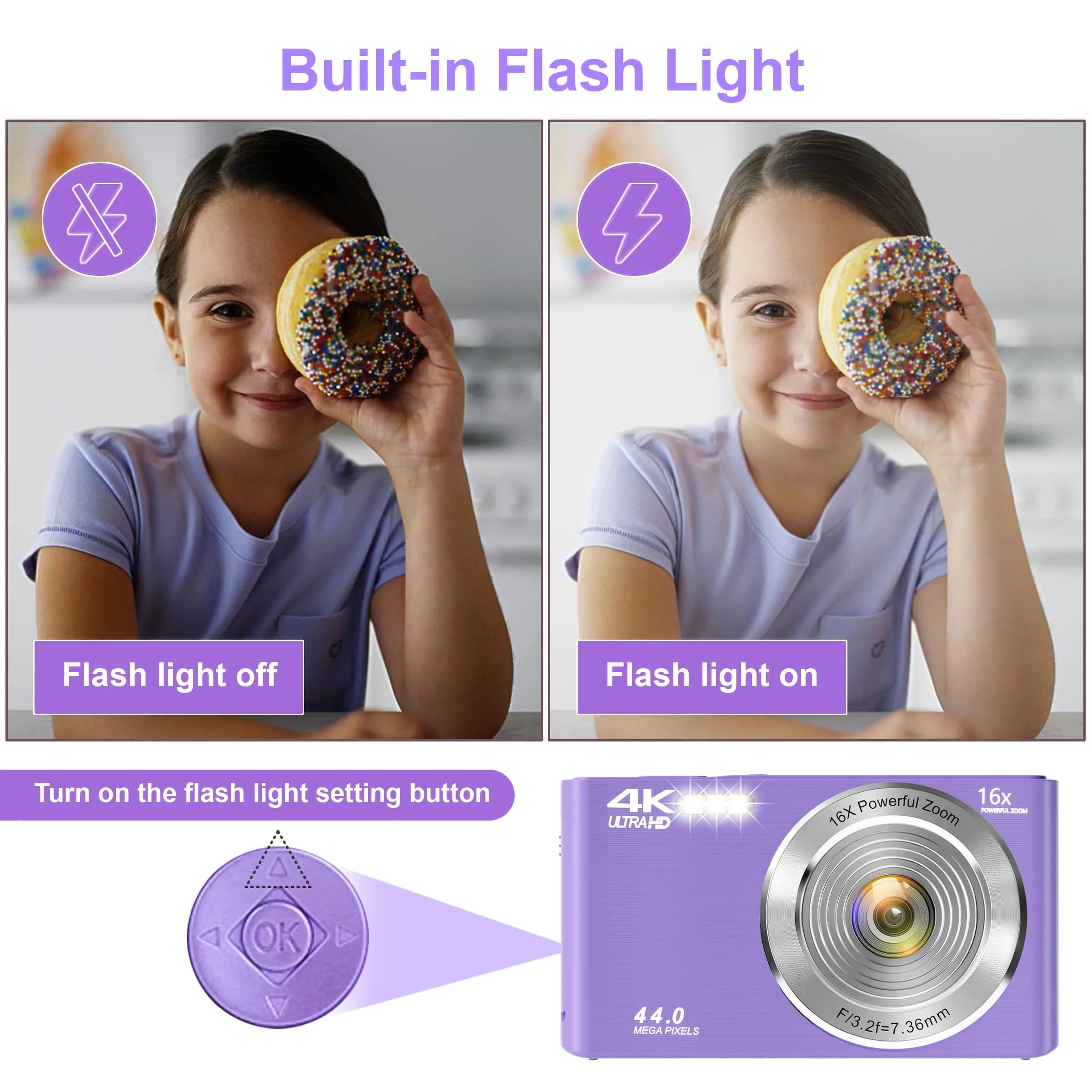 SMARTKLIK Digital Camera FHD 4K 44MP Purple with 64GB SD Card | 16X Digital Zoom - view 7