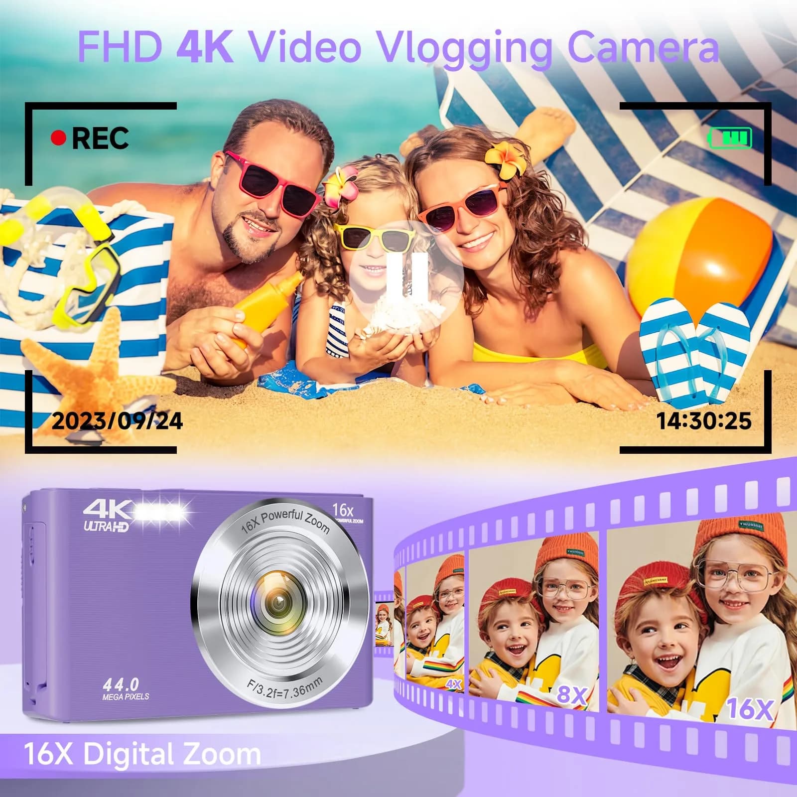 SMARTKLIK Digital Camera FHD 4K 44MP Purple with 64GB SD Card | 16X Digital Zoom - view 3