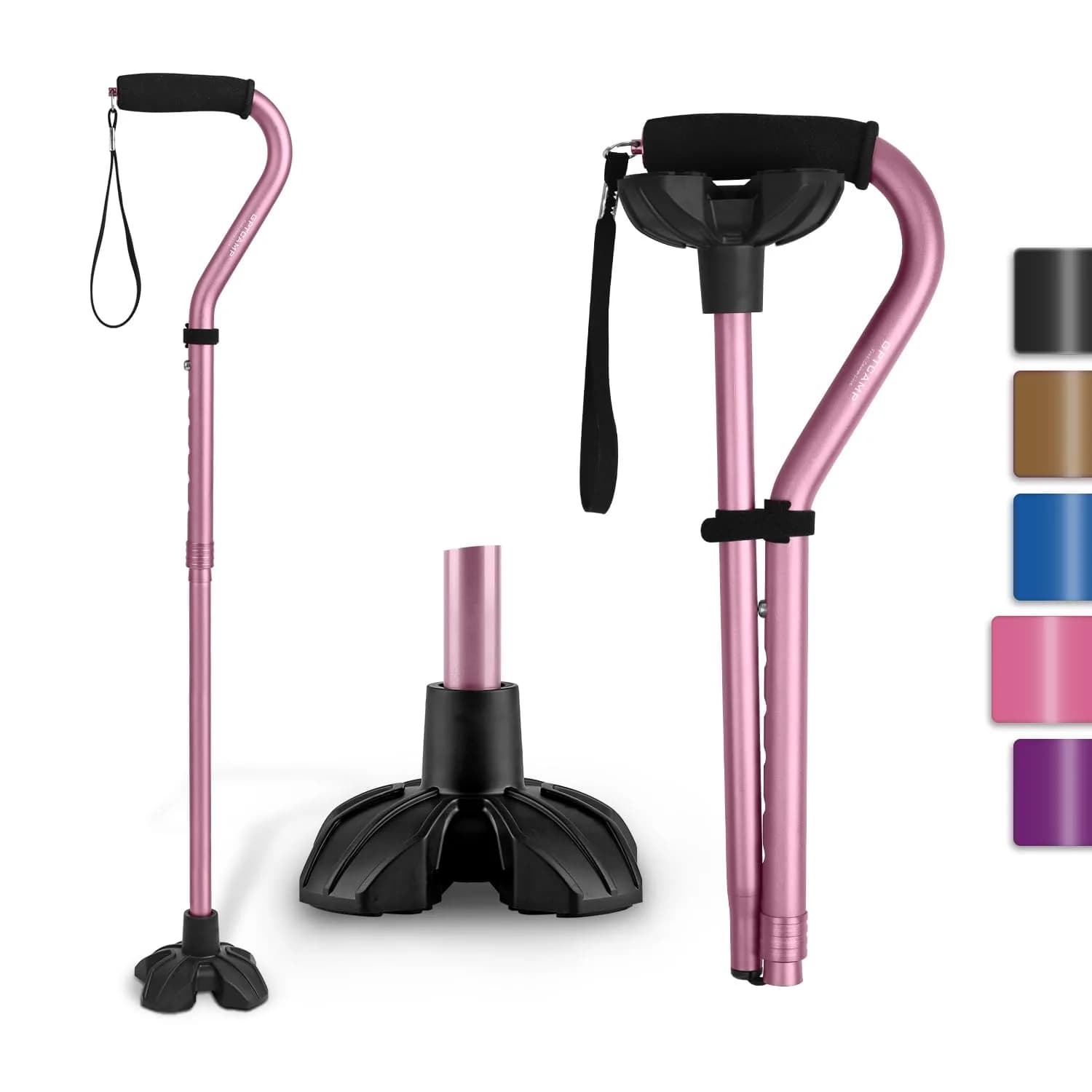 GPTCAMP Quad Base Walking Cane Pink | 79-92cm (31"-36") Adjustable Offset Stick with EVA Grip - main product image