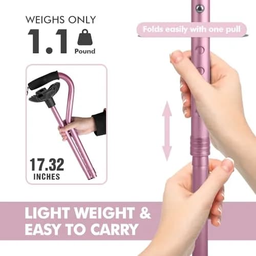 GPTCAMP Quad Base Walking Cane Pink | 79-92cm (31"-36") Adjustable Offset Stick with EVA Grip thumbnail 5