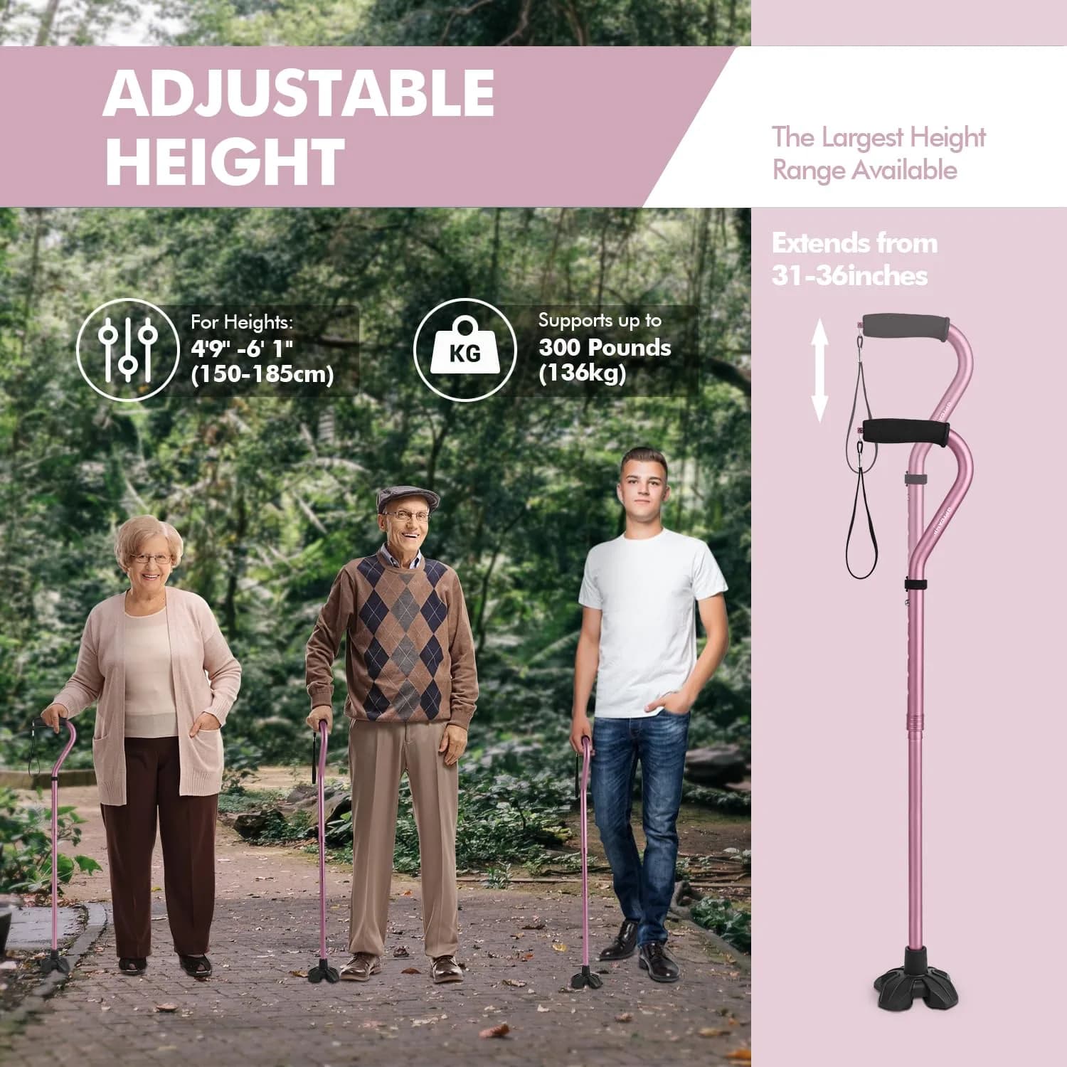 GPTCAMP Quad Base Walking Cane Pink | 79-92cm (31"-36") Adjustable Offset Stick with EVA Grip - view 6