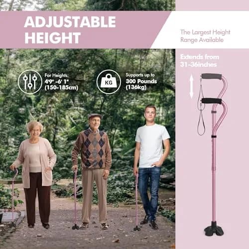 GPTCAMP Quad Base Walking Cane Pink | 79-92cm (31"-36") Adjustable Offset Stick with EVA Grip thumbnail 6