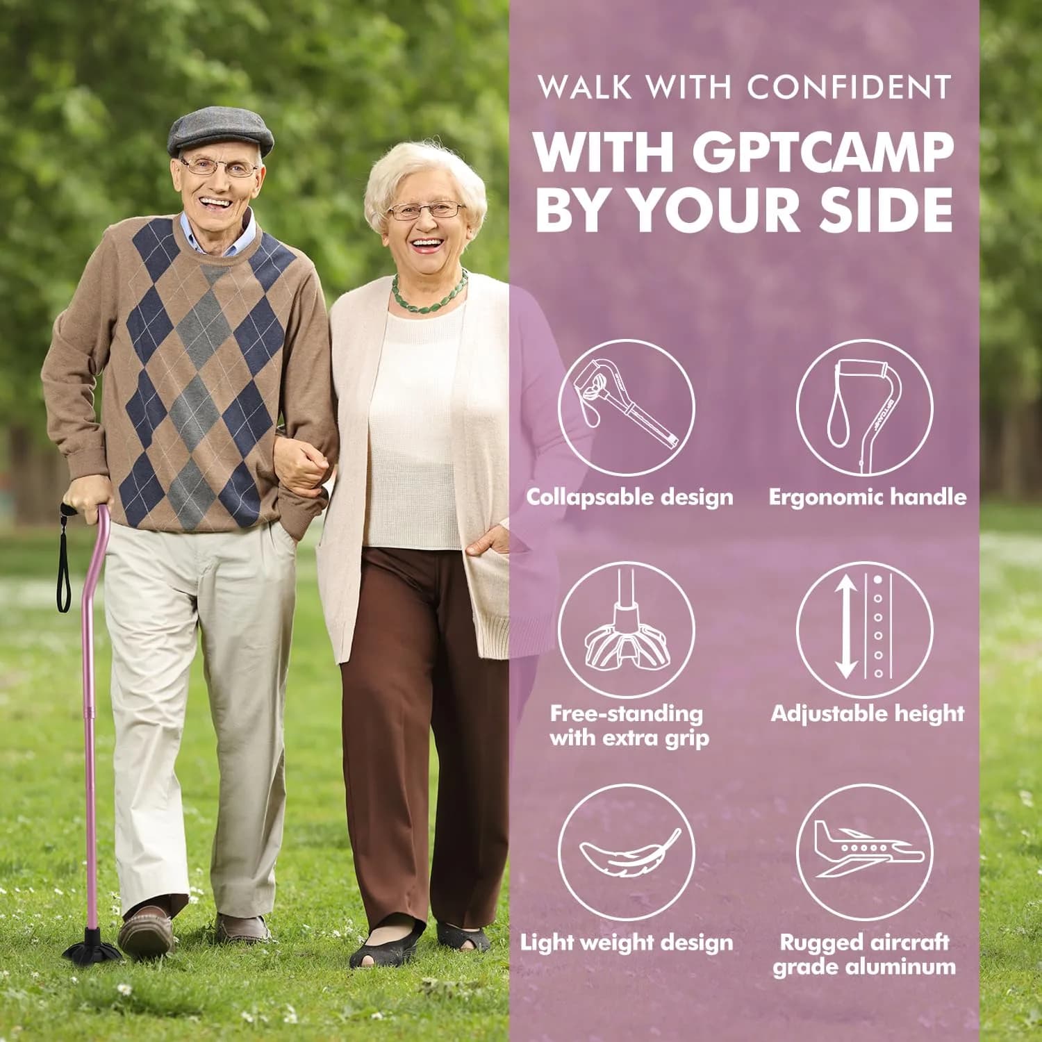 GPTCAMP Quad Base Walking Cane Pink | 79-92cm (31"-36") Adjustable Offset Stick with EVA Grip - view 2