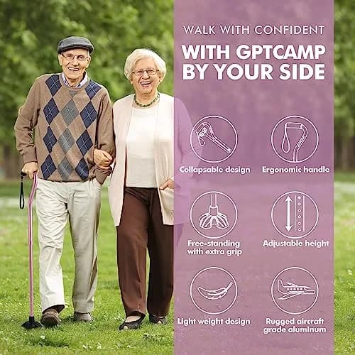 GPTCAMP Quad Base Walking Cane Pink | 79-92cm (31"-36") Adjustable Offset Stick with EVA Grip thumbnail 2