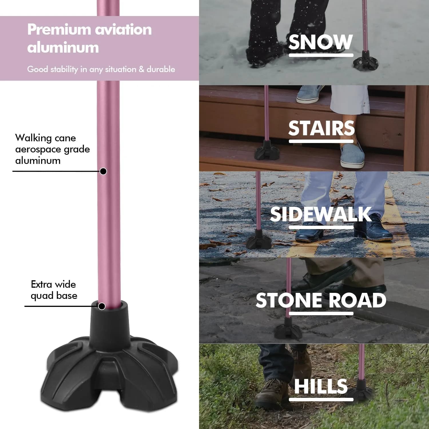 GPTCAMP Quad Base Walking Cane Pink | 79-92cm (31"-36") Adjustable Offset Stick with EVA Grip - view 3