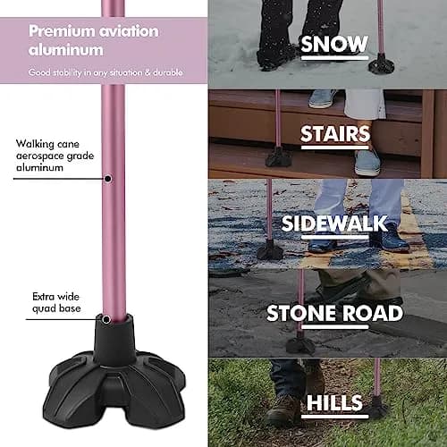 GPTCAMP Quad Base Walking Cane Pink | 79-92cm (31"-36") Adjustable Offset Stick with EVA Grip thumbnail 3