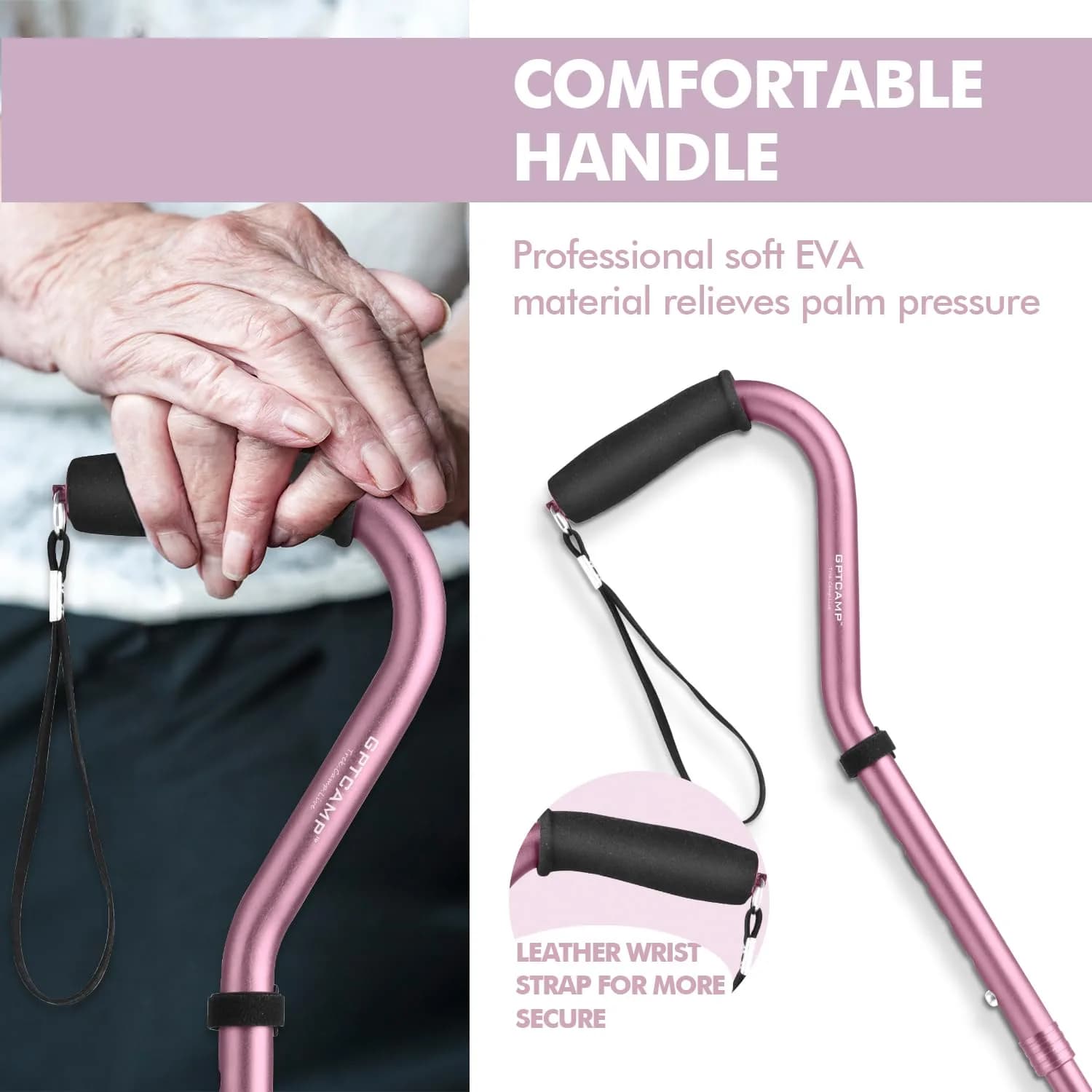 GPTCAMP Quad Base Walking Cane Pink | 79-92cm (31"-36") Adjustable Offset Stick with EVA Grip - view 4