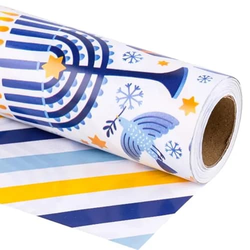 LeZakaa Hanukkah Blue Wrapping Paper Roll, Menorah Dreidel Donut, Stars of David & Blue Yellow Stripe, 17 inches x 32.8 feet thumbnail 1