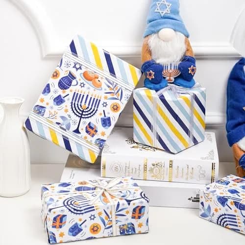 LeZakaa Hanukkah Blue Wrapping Paper Roll, Menorah Dreidel Donut, Stars of David & Blue Yellow Stripe, 17 inches x 32.8 feet thumbnail 4