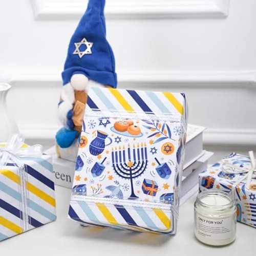 LeZakaa Hanukkah Blue Wrapping Paper Roll, Menorah Dreidel Donut, Stars of David & Blue Yellow Stripe, 17 inches x 32.8 feet thumbnail 5
