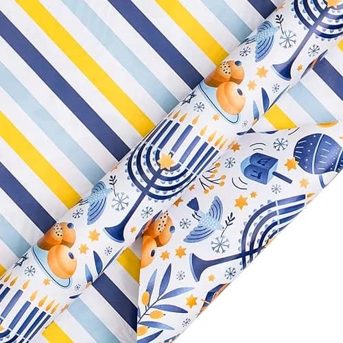 LeZakaa Hanukkah Blue Wrapping Paper Roll, Menorah Dreidel Donut, Stars of David & Blue Yellow Stripe, 17 inches x 32.8 feet thumbnail 6