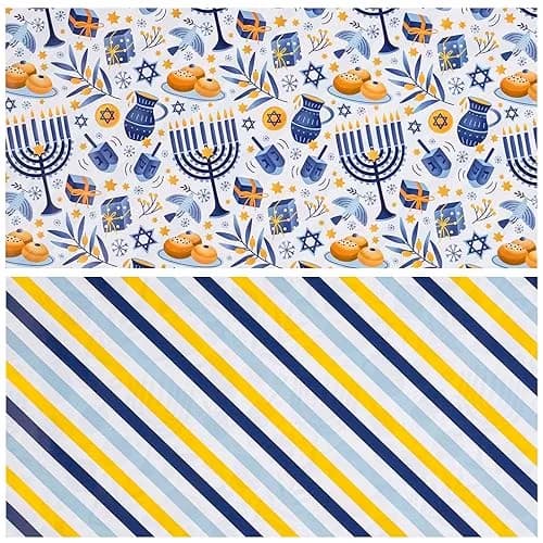 LeZakaa Hanukkah Blue Wrapping Paper Roll, Menorah Dreidel Donut, Stars of David & Blue Yellow Stripe, 17 inches x 32.8 feet thumbnail 7