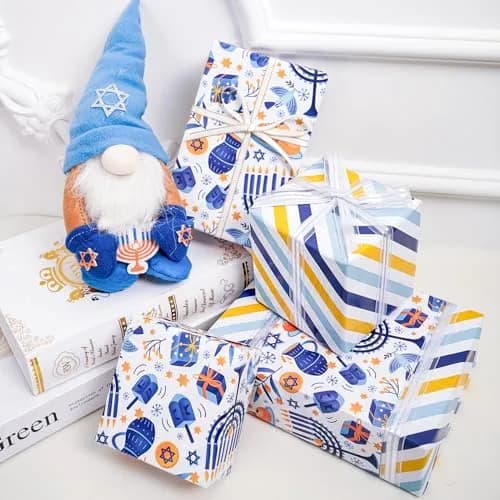 LeZakaa Hanukkah Blue Wrapping Paper Roll, Menorah Dreidel Donut, Stars of David & Blue Yellow Stripe, 17 inches x 32.8 feet thumbnail 2