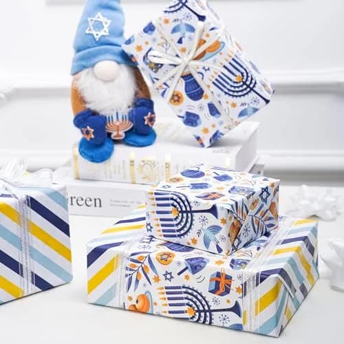 LeZakaa Hanukkah Blue Wrapping Paper Roll, Menorah Dreidel Donut, Stars of David & Blue Yellow Stripe, 17 inches x 32.8 feet thumbnail 3