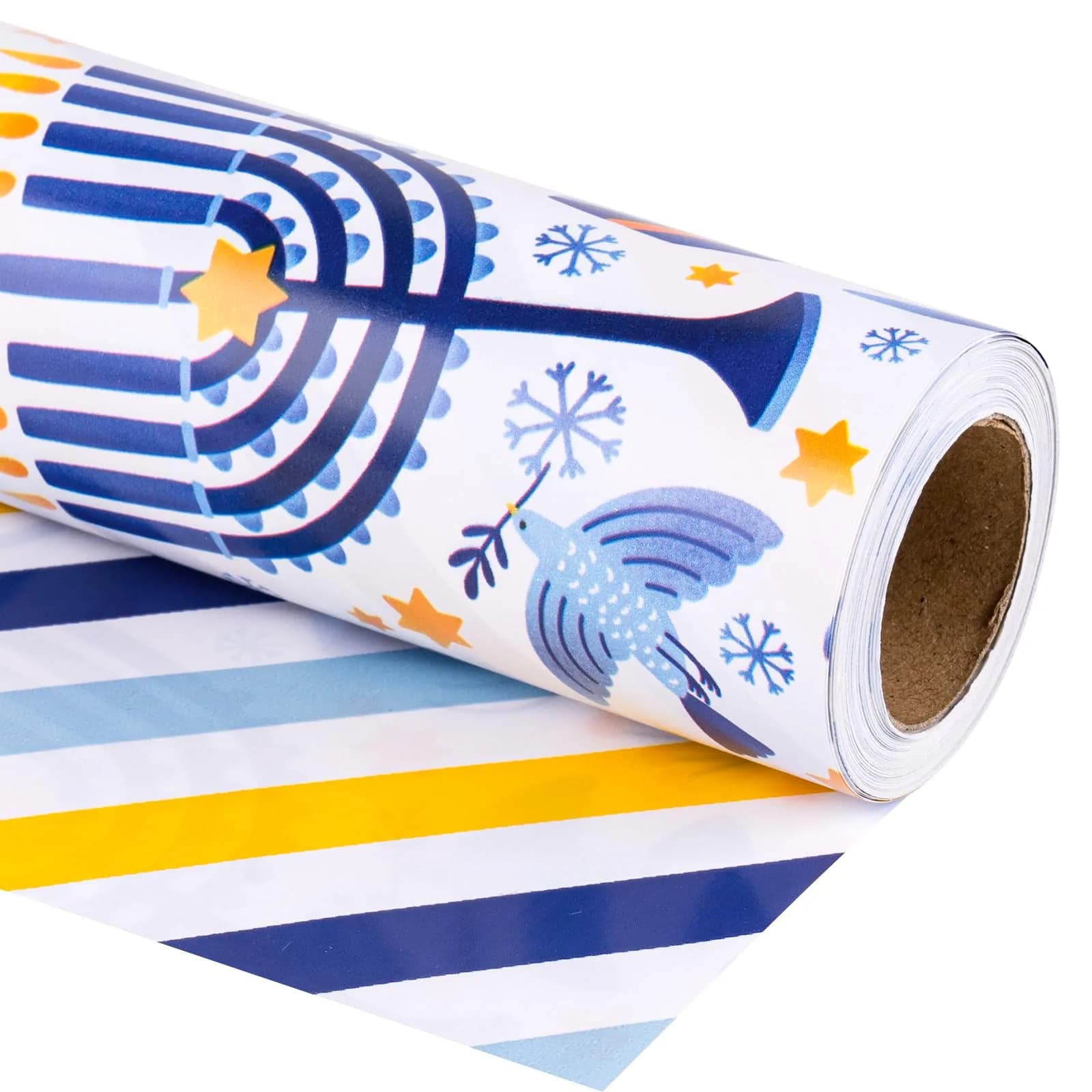 LeZakaa Hanukkah Blue Wrapping Paper Roll, Menorah Dreidel Donut, Stars of David & Blue Yellow Stripe, 17 inches x 32.8 feet - main product image