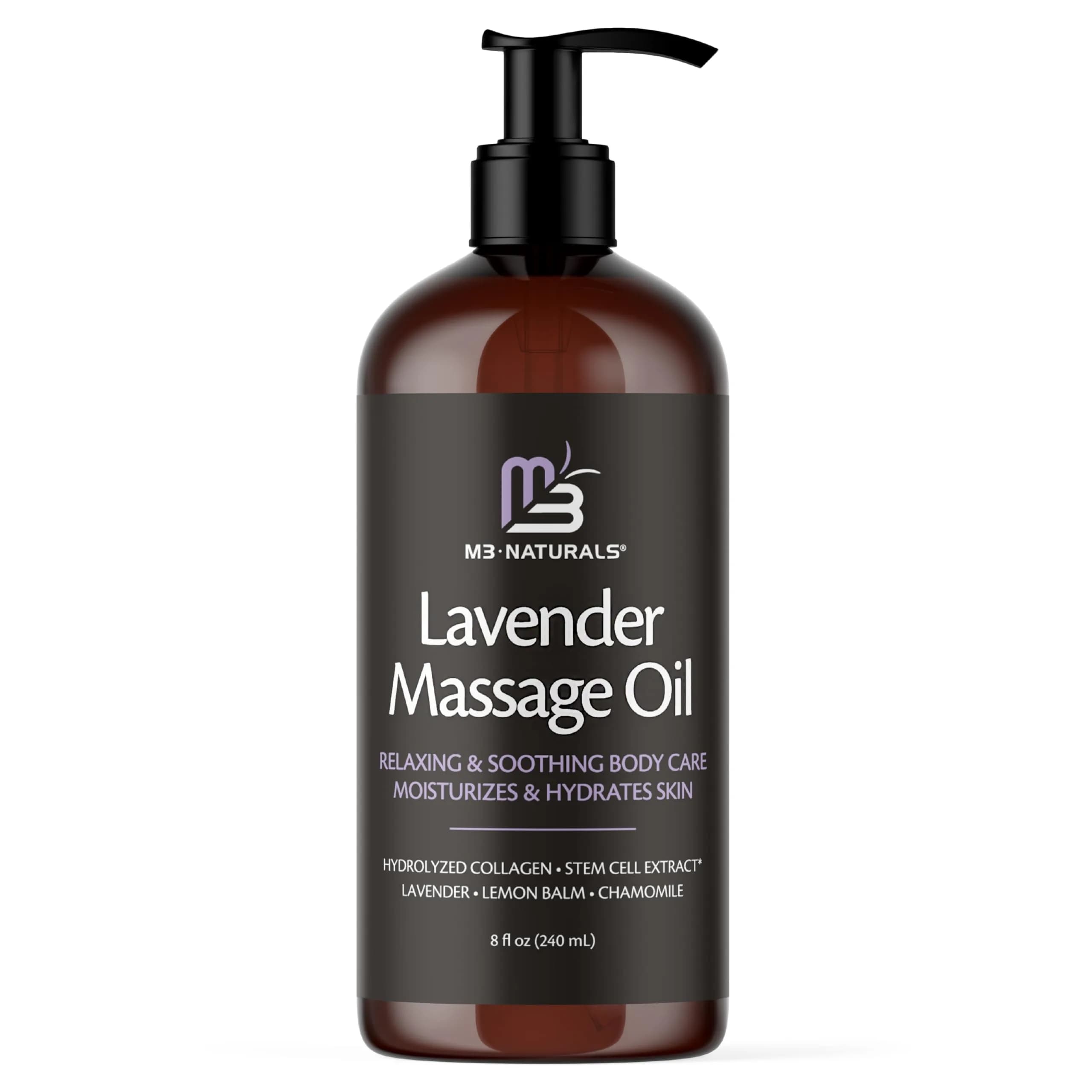 M3 Naturals Lavender Sensual Massage Oil with Collagen & Stem Cells, Skin Tightening Therapy for Bum, Thighs, Belly 235ml (8 fl oz) | USA Imported Firming Body Oil - main product image