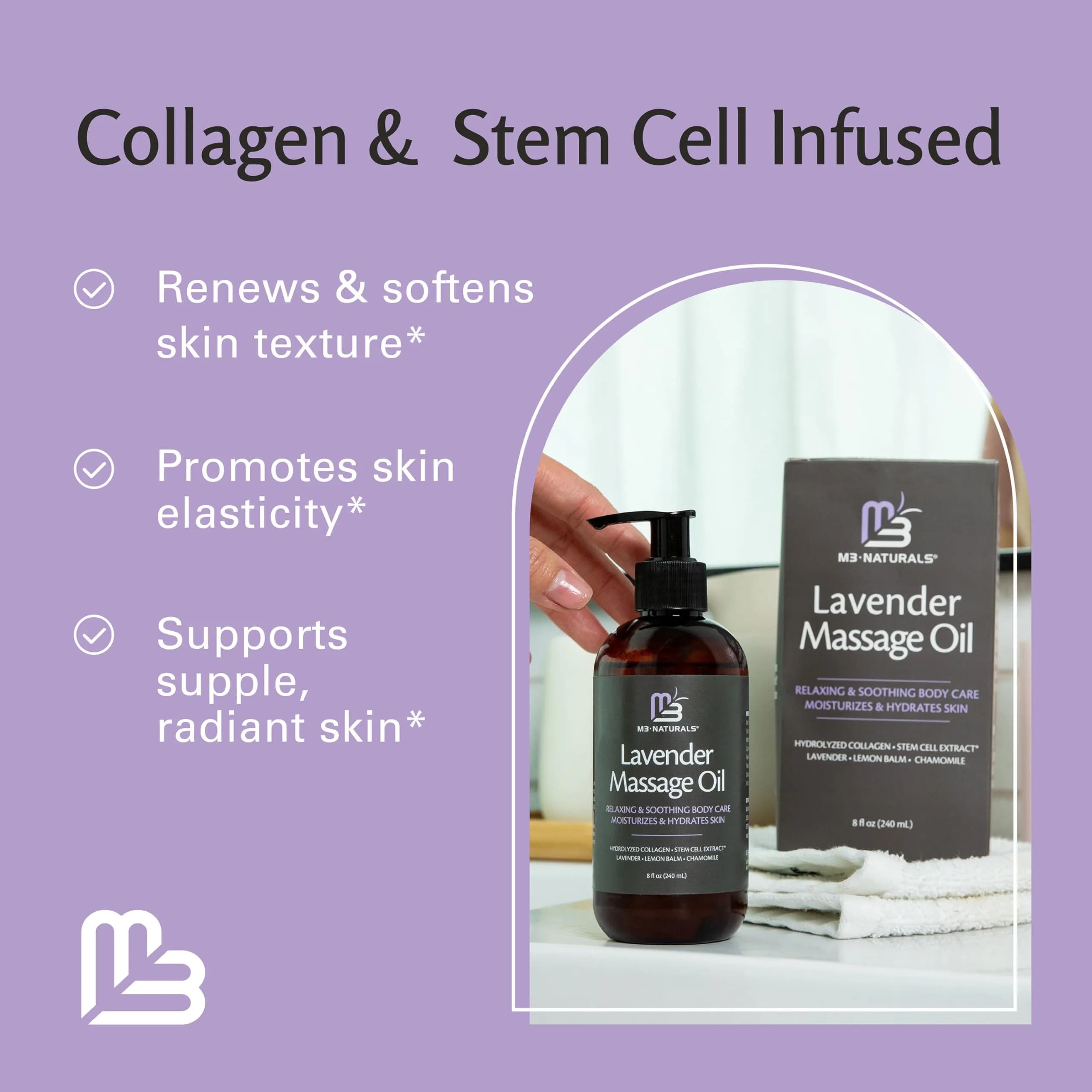 M3 Naturals Lavender Sensual Massage Oil with Collagen & Stem Cells, Skin Tightening Therapy for Bum, Thighs, Belly 235ml (8 fl oz) | USA Imported Firming Body Oil - view 6