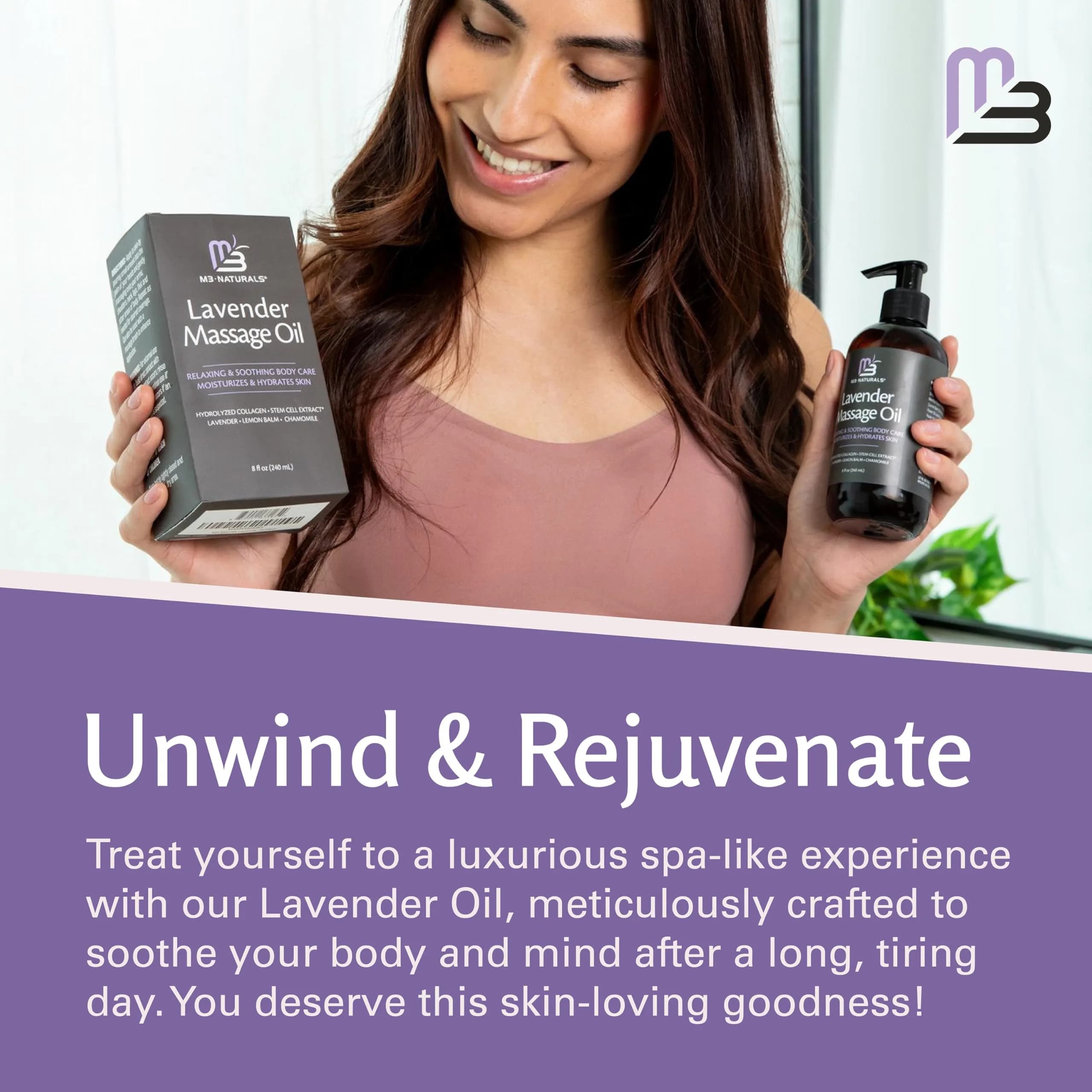 M3 Naturals Lavender Sensual Massage Oil with Collagen & Stem Cells, Skin Tightening Therapy for Bum, Thighs, Belly 235ml (8 fl oz) | USA Imported Firming Body Oil - view 7