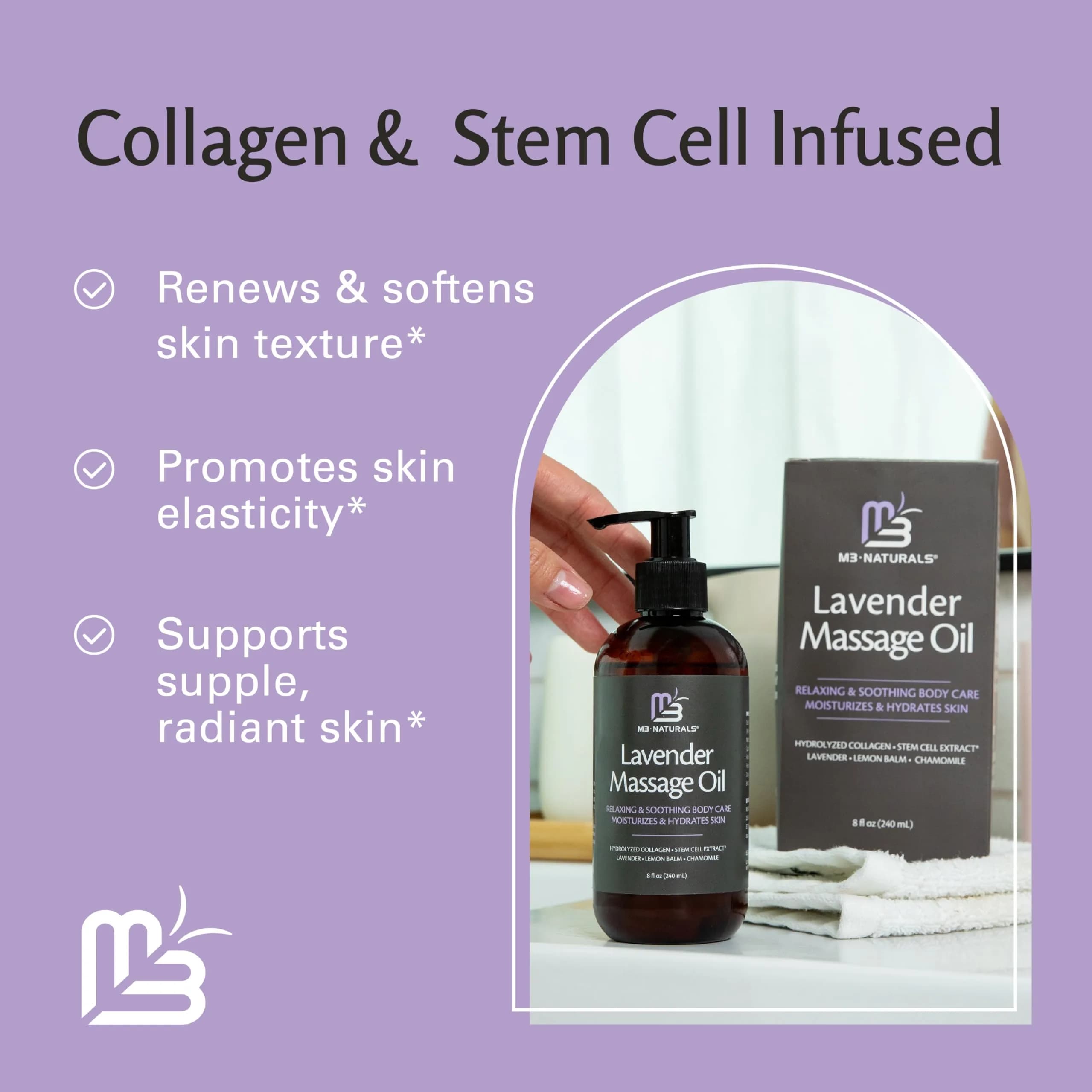 M3 Naturals Lavender Sensual Massage Oil with Collagen & Stem Cells, Skin Tightening Therapy for Bum, Thighs, Belly 235ml (8 fl oz) | USA Imported Firming Body Oil - view 8